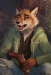  2017 alcohol anthro beer beverage black_nose canine clothed clothing digital_media_(artwork) fangs fox fully_clothed hoodie jacket mammal open_mouth sitting solo trunorth whiskers 