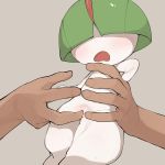  ambiguous_gender blush disembodied_hand female female/ambiguous fingering green_hair grey_background hair hair_over_eyes nintendo nude open_mouth pok&eacute;mon pok&eacute;mon_(species) pussy ralts short_hair simple_background solo_focus uncensored video_games youjomodoki 