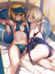  ahoge all_fours artoria_pendragon_(all) ass bare_legs barefoot bikini black_swimsuit blonde_hair blue_bikini blue_eyes breasts commentary_request competition_swimsuit fate/grand_order fate_(series) food from_behind hair_between_eyes hair_ribbon innertube kodama_yuu looking_at_viewer looking_back lying multiple_girls mysterious_heroine_x mysterious_heroine_x_(alter) navel off_shoulder one-piece_swimsuit outdoors parted_lips ponytail popsicle ribbon shade sidelocks small_breasts swimsuit thigh_strap visor_cap wristband yellow_eyes 
