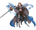  armor belt belt_buckle boots breasts brown_eyes brown_hair buckle cape full_body gauntlets gloves granblue_fantasy grey_footwear holding holding_weapon katalina_aryze knee_boots long_hair looking_at_viewer minaba_hideo official_art pauldrons ribbon sheath shoulder_armor shoulder_pads solo standing sword transparent_background weapon 
