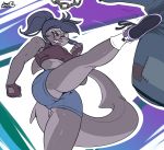  anthro athletic bagelcollector black_hair breasts clothed clothing exercise eyewear female fish fist glasses gloves hair hi_res kick long_hair marine midriff muscular ponytail punching_bag shark shorts simple_background skimpy skinny slim solo sweat syigra_(character) teeth under_boob 