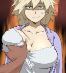  1girl anger_vein angry bakugou_mitsuki blonde_hair boku_no_hero_academia breast_grab breasts cafekun cleavage collarbone commentary constricted_pupils dark_skin dark_skinned_male deep_skin grabbing large_breasts looking_at_viewer mature open_clothes pov shaded_face smile spiked_hair sweat sweater upper_body you_gonna_get_raped 