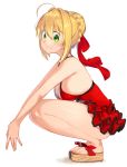  ahoge bare_legs blonde_hair braid breasts cleavage commentary crown_braid dress fate/extra fate_(series) fingers_together from_side full_body green_eyes hair_bun hair_intakes hair_ribbon highres kei_(soundcross) large_breasts modern_costume_of_crimson nero_claudius_(fate) nero_claudius_(fate)_(all) nero_claudius_(swimsuit_caster)_(fate) own_hands_together red_dress ribbon sandals short_dress short_hair sideboob simple_background smile solo squatting white_background 