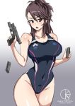  amaretto_(girls_und_panzer) black_swimsuit breasts brown_eyes brown_hair competition_swimsuit covered_navel cowboy_shot girls_und_panzer glock gradient gradient_background grey_background gun handgun large_breasts long_hair looking_at_viewer magazine_(weapon) mordeth one-piece_swimsuit shell_casing solo swimsuit weapon 