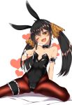  ;d animal_ears animal_print bare_shoulders black_hair bow bowtie breasts bunny_ears bunny_girl bunnysuit commentary_request detached_collar fake_animal_ears frilled_armband gokubuto_mayuge heart idolmaster idolmaster_cinderella_girls leopard_print leotard long_hair matoba_risa one_eye_closed open_mouth pantyhose print_ribbon ribbon simple_background small_breasts smile solo strapless strapless_leotard thigh_strap twintails wrist_cuffs 