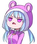  1girl animal_hood blue_hair chibi d: eyebrows_visible_through_hair fur-trimmed_hood hood jitome long_hair looking_away low_twintails nixie_(rabi_ribi) open_mouth pink_coat pink_eyes rabi-ribi solo speckticuls transparent_background triangle_mouth twintails upper_body 