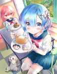  animal bangs bendy_straw blue_eyes blue_hair blue_sailor_collar blue_skirt blush cake cat chair checkered checkered_floor closed_mouth commentary contemporary cup day drink drinking_glass drinking_straw eating emilia_(re:zero) eyebrows_visible_through_hair feeding food hair_between_eyes hair_ornament hair_ribbon hairclip highres holding holding_plate holding_spoon ice ice_cube indoors melings_(aot2846) multiple_girls natsuki_subaru neckerchief plate pleated_skirt pov_feeding puck_(re:zero) purple_ribbon ram_(re:zero) re:zero_kara_hajimeru_isekai_seikatsu red_eyes red_hair red_neckwear rem_(re:zero) ribbon sailor_collar school_uniform serafuku shirt short_hair short_sleeves siblings sisters skirt smile sparkle spoon swiss_roll table thighhighs twins white_legwear white_shirt x_hair_ornament 