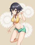  absurdres bangs bikini bikini_shorts black_hair braid breasts brown_background brown_eyes cleavage clenched_hand commentary curcumin floral_background floral_print girls_und_panzer green_bikini_bottom grin highres leaning_forward leg_up looking_at_viewer medium_breasts mismatched_bikini navel pepperoni_(girls_und_panzer) short_hair shorts side_braid smile solo standing standing_on_one_leg swimsuit v-shaped_eyebrows yellow_bikini_top 