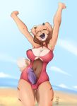  2018 anthro arms_above_head balls beach big_breasts breasts brown_fur canine caprine cleavage clothed clothing dickgirl dog erection eyebrows eyes_closed floppy_ears fur goat horn hybrid intersex krakenparty mammal navel one-piece_swimsuit open_mouth penis purple_tongue sally_hazel seaside smile solo swimsuit under_boob white_fur 