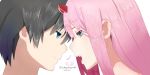  1girl another-m artist_name bangs black_hair blue_eyes commentary_request couple darling_in_the_franxx dated green_eyes hetero highres hiro_(darling_in_the_franxx) horns long_hair oni_horns petals pink_hair red_horns zero_two_(darling_in_the_franxx) 