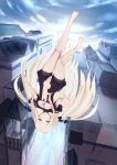  abigail_williams_(fate/grand_order) bangs bare_legs barefoot bell bell_tower black_dress blonde_hair blue_bow blue_eyes blush bow breasts building commentary_request dress eyebrows_visible_through_hair fate/grand_order fate_(series) flying forehead hair_bow highres jilu long_hair navel outdoors panties parted_bangs parted_lips ribbon short_sleeves small_breasts solo tower underwear upside-down very_long_hair white_panties white_ribbon wide_sleeves 