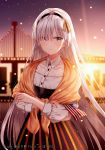  absurdres american_flag anastasia_(fate/grand_order) bangs black_hairband black_skirt blue_eyes blurry blurry_background blush closed_mouth collared_shirt commentary_request crossed_arms depth_of_field dress dress_shirt eyebrows_visible_through_hair fate/grand_order fate_(series) flag golden_gate_bridge hair_over_one_eye hairband high-waist_skirt highres holding holding_flag junpaku_karen long_hair long_sleeves looking_at_viewer outdoors pixiv_id puffy_long_sleeves puffy_sleeves see-through shawl shirt silver_hair skirt sky solo standing striped vertical-striped_skirt vertical_stripes very_long_hair white_dress 