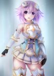  1girl blush detached_sleeves four_goddesses_online:_cyber_dimension_neptune hair_ornament neptune_(choujigen_game_neptune) neptune_(series) purple_eyes short_hair skirt smile suterisu 