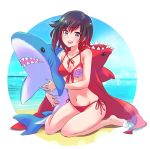  1girl animal_hood bare_shoulders bikini black_hair cape cloak collarbone floral_print gradient_hair highres hood hooded_cloak iesupa midriff multicolored_hair navel red_bikini red_cape red_hair rose_print ruby_rose rwby shark short_hair silver_eyes sitting solo stuffed_animal stuffed_shark stuffed_toy swimsuit toy two-tone_hair wariza 