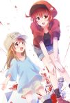  2girls :d absurdres ae-3803 ahoge baseball_cap bent_over black_eyes blood blood_splatter boots box brown_eyes brown_hair cabbie_hat collared_shirt cross-laced_footwear denim denim_shorts dutch_angle gloves hands_on_own_knees hat hataraku_saibou highres jacket knife long_hair looking_at_another multiple_girls name_tag nyaa_(nnekoron) open_mouth pants platelet_(hataraku_saibou) red_blood_cell_(hataraku_saibou) red_hair red_jacket shirt shoes short_hair short_shorts short_sleeves shorts simple_background smile socks t-shirt u-1146 white_background white_blood_cell_(hataraku_saibou) white_gloves white_hair white_skin yellow_eyes 