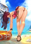  absurdres ass bangs bare_shoulders beach beach_umbrella bent_over blue_sky blush body_writing breasts character_name cleavage cloud commentary day eyebrows_visible_through_hair from_behind girls_frontline groin hair_ribbon half_updo highres large_breasts lifebuoy lifeguard long_hair looking_at_viewer one-piece_swimsuit one_side_up outdoors purple_hair red_eyes red_swimsuit ribbon romana sand sandals shell sky solo swimsuit thighs umbrella very_long_hair wa2000_(girls_frontline) watch wet whistle 