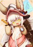  1girl animal_ears blackcat_(blackcatbox) eating food fur furry hat highres made_in_abyss nanachi_(made_in_abyss) solo white_hair yellow_eye 
