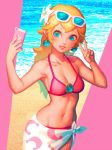  bad_id bad_tumblr_id beach bellhenge bikini blonde_hair blue_eyes breasts brooch cellphone cleavage collarbone day earrings eyelashes eyewear_on_head jewelry long_hair mario_(series) medium_breasts nail_polish pearl_earrings phone pink_bikini princess_peach sarong self_shot smartphone smile solo sunglasses super_mario_bros. super_mario_odyssey swimsuit v water 