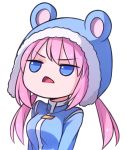  1girl animal_hood blue_coat blue_eyes chibi d: eyebrows_visible_through_hair fur-trimmed_hood hood jitome long_hair looking_away low_twintails nieve_(rabi_ribi) open_mouth pink_hair rabi-ribi solo speckticuls transparent_background triangle_mouth twintails upper_body 
