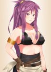  10s 1girl 2018 armlet bangs breasts brown_gloves eyebrows_visible_through_hair fingerless_gloves fire_emblem fire_emblem:_seima_no_kouseki gloves long_hair looking_at_viewer marica_(fire_emblem) nintendo open_mouth ponytail purple_eyes purple_hair shiny shiny_hair shiny_skin sidelocks tied_hair 