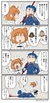  1girl 4koma :d arm_support arm_up asaya_minoru bangs black_skirt blue_bodysuit blue_hair bodysuit boots brown_hair chaldea_combat_uniform chaldea_uniform closed_eyes comic commentary_request earrings eyebrows_visible_through_hair fang fate/grand_order fate/stay_night fate_(series) fujimaru_ritsuka_(female) grey_legwear hair_between_eyes hair_ornament hair_scrunchie hair_strand holding holding_lance jacket jewelry knee_boots lance lancer long_hair long_sleeves low_ponytail lying on_side one_side_up open_mouth orange_scrunchie over_shoulder pantyhose polearm ponytail protected_link scrunchie skirt smile standing translation_request twitter_username uniform v-shaped_eyebrows weapon weapon_over_shoulder white_footwear white_jacket 