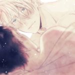  black_hair blue_eyes blurry blush close-up covering depth_of_field facing_away happy katsuki_yuuri looking_at_another looking_down male_focus multiple_boys nude nude_cover shirtless short_hair simple_background smile tadano53 upper_body viktor_nikiforov white_background white_hair yaoi yuri!!!_on_ice 