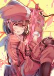  animal_hat arms_up bandana bangs blush boots brown_footwear brown_hair bullpup bunny_hat cross-laced_footwear eyebrows_visible_through_hair finger_on_trigger fur-trimmed_gloves fur_trim gloves gun hair_between_eyes hat holding holding_gun holding_weapon jacket lace-up_boots llenn_(sao) long_sleeves open_mouth p-chan_(p-90) p90 pants pink_bandana pink_gloves pink_hat pink_jacket pink_pants red_eyes solo submachine_gun sword_art_online sword_art_online_alternative:_gun_gale_online weapon xephonia 