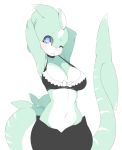  2015 anthro blue_eyes breasts cleavage clothed clothing digital_drawing_(artwork) digital_media_(artwork) female fish green_skin hands_behind_head lingerie looking_at_viewer marine midriff navel non-mammal_breasts one_eye_closed punipaws shark simple_background solo tora_(punipaws) 