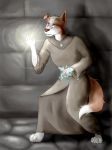  anthro border_collie canine cave clothed clothing collie digital_media_(artwork) dog dungeon fur hair inside kingrusty kingrusty_(artist) light lightning magic male mammal open_mouth robe solo teeth tongue worried 
