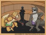  bdsm canid canine canis clothing eye_patch eyewear fox fox_mccloud kneeling leash mammal muzzle_(object) muzzled nintendo rope rubber sitting star_fox underwear video_games wolf wolf_o&#039;donnell 