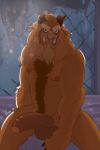  anthro balls beard beast_(disney) beauty_and_the_beast blue_eyes body_hair brown_fur chest_hair disney erection facial_hair foreskin front_view fur happy_trail horn humanoid_penis male male/male mammal monster muscular negger nipples nude pecs penis solo teeth uncut vein veiny_penis 
