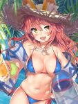  :d animal_ears bangs bikini blue_bikini breasts cleavage cloud cloudy_sky commentary_request cup drinking_glass ears_through_headwear eyebrows_visible_through_hair fang fate/grand_order fate_(series) fox_ears hair_between_eyes hat highres holding holding_cup innertube kawai large_breasts long_hair looking_at_viewer ocean open_mouth palm_tree pink_hair side-tie_bikini skindentation sky smile solo straw_hat sun_hat swimsuit tamamo_(fate)_(all) tamamo_no_mae_(fate) tamamo_no_mae_(swimsuit_lancer)_(fate) tree yellow_eyes 
