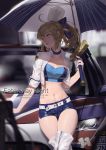  absurdres ahoge alternate_costume arm_support artist_name artoria_pendragon_(all) bandeau blonde_hair blue_ribbon car copyright_name cropped_jacket dated fate/stay_night fate_(series) green_eyes ground_vehicle hair_ribbon highres leaning_back leaning_on_object looking_to_the_side midriff motor_vehicle navel ounijang ponytail race_queen ribbon saber short_shorts shorts solo thighhighs umbrella 