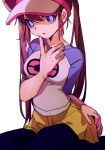  ankea_(a-ramo-do) bangs black_legwear blue_eyes blue_pupils breasts bright_pupils brown_hair double_bun hair_between_eyes long_hair looking_at_viewer medium_breasts mei_(pokemon) pantyhose pantyhose_under_shorts pokemon pokemon_(game) pokemon_bw2 raglan_sleeves shorts simple_background sitting sleeves_past_elbows solo twintails visor_cap wariza white_background yellow_shorts 