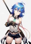  &gt;:) 1girl antenna_hair arm_behind_back arm_strap banned_artist bare_shoulders belt belt_buckle black_panties black_shorts blue_eyes blue_hair blue_neckwear blush breasts brown_legwear buckle closed_mouth cowboy_shot gauntlets hair_ornament holding holding_weapon kyoeiki looking_at_viewer medium_breasts medium_hair necktie original panties polearm pouch shirt short_shorts shorts sideboob slit_pupils smile solo thighhighs thong underwear v-shaped_eyebrows waist_cape weapon white_shirt 