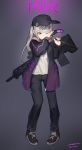  1girl absurdres alternate_costume bangs baseball_cap black_pants cellphone character_name coat commentary desert_tech_mdr english_commentary eyebrows_visible_through_hair flip_phone full_body fur-trimmed_coat fur_trim girls_frontline grey_hair hands_up hat highres junexp long_hair mdr_(girls_frontline) multicolored_hair nail_polish one_eye_closed one_side_up open_clothes open_coat pants phone pigeon-toed pink_eyes pink_hair shirt sidelocks signature sleeve_cuffs sling smiley_face solo streaked_hair tearing_up twitter_username unzipped white_shirt younger 