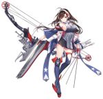  1girl ahoge american_flag american_flag_print anchor anchor_hair_ornament armpits arrow atdan azur_lane bare_shoulders belt black_skirt blue_coat blue_footwear boots bow_(weapon) breasts brown_hair coat crane flag_print flight_deck floating_hair full_body gloves grey_jacket hair_ornament half_gloves high_collar highres holding holding_arrow holding_bow_(weapon) holding_weapon independence_(azur_lane) jacket large_breasts long_hair looking_at_viewer low_ponytail machinery miniskirt mole mole_on_thigh off_shoulder official_art open_clothes open_coat parted_lips pleated_skirt quiver red_eyes red_gloves rigging rudder_footwear sidelocks single_knee_pad skirt sleeveless_jacket slit_pupils solo standing star star_print taut_clothes taut_jacket thigh_boots thighhighs transparent_background very_long_hair weapon wide_sleeves 