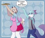  2018 anthro apron arms_above_head blouse blue_eyes blue_fur breasts brown_fur canine caprine clothing dog duo female floppy_ears fox fur goat hybrid jeans kitsunekotaro legwear looking_at_another male mammal open_mouth pants purple_eyes reaching roflfox sally_hazel shirt simple_background skirt speech_bubble text thigh_highs white_fur 