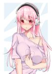  absurdres blush breasts cleavage commentary_request headphones highres large_breasts long_hair looking_at_viewer lumu_yuanxiang nitroplus open_mouth pink_hair red_eyes solo super_sonico upper_body 