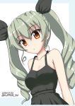  anchovy bangs black_ribbon black_shirt camisole casual closed_mouth commentary dated drill_hair dutch_angle eyebrows_visible_through_hair flipper frown girls_und_panzer green_hair hair_ribbon head_tilt long_hair looking_at_viewer red_eyes ribbon shirt simple_background solo spaghetti_strap standing twin_drills twintails twitter_username upper_body white_background 