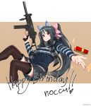  1girl absurdres animal_ears artist_name black_hair black_legwear black_skirt bow breasts cat_ears closed_mouth commentary commission cosplay english_commentary fikkyun gift girls_frontline gun hair_bow happy_birthday highres holding holding_gun holding_weapon jewelry large_breasts long_hair looking_at_viewer miniskirt noihara_himari omamori_himari pink_bow pleated_skirt ponytail purple_eyes ring scarf skirt smile solo striped striped_scarf striped_sweater sweater thighhighs ump45_(girls_frontline) ump45_(girls_frontline)_(cosplay) very_long_hair weapon wedding_band zettai_ryouiki 
