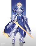  absurdres ahoge armor armored_dress artoria_pendragon_(all) blonde_hair blue_ribbon caliburn fate/stay_night fate_(series) gauntlets green_eyes hair_bun hair_ribbon highres holding holding_sword holding_weapon ribbon saber science_fiction sohn_woohyoung solo sword weapon 