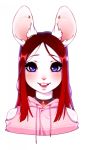  ambiguous_gender anthro blue_eyes blush clothing collar ear_piercing frenky_hw fur furgonomics hair happy hoodie huggles lagomorph long_hair looking_at_viewer mammal open_mouth piercing rabbit red_hair shoulderless simple_background smile white_background white_fur 