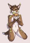  2018 5_fingers anthro brown_fur brown_hair digital_media_(artwork) feline food fur green_nose green_tongue hair kneeling lukiri male mammal muffin navel simple_background smile sochi_(lynx) solo 