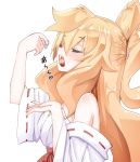  blonde_hair blush character_request detached_sleeves eyes_closed giantess japanese_clothes long_hair miko niwaka_potato open_mouth simple_background tongue vore white_background 