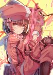  animal_hat arms_up bandana bangs blush boots brown_footwear brown_hair bullpup bunny_hat closed_mouth commentary_request cross-laced_footwear eyebrows_visible_through_hair finger_on_trigger fur-trimmed_gloves fur_trim gloves gun hair_between_eyes hat holding holding_gun holding_weapon jacket lace-up_boots llenn_(sao) long_sleeves p-chan_(p-90) p90 pants pink_bandana pink_gloves pink_hat pink_jacket pink_pants red_eyes smile solo submachine_gun sword_art_online sword_art_online_alternative:_gun_gale_online weapon xephonia 
