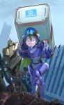  2girls alien armor body_armor boots building carrying choujikuu_yousai_macross cloud commentary_request container damaged debris dirty dress energy_cannon giantess gloves green_hair gunpod hair_over_one_eye hat helmet inui's_meltran inui_(jt1116) long_hair lying maclone macross mecha meltrandi multiple_girls piggyback purple_eyes purple_hair rescue ruins science_fiction shirt shorts size_difference sketch sweat teardrop torn_clothes u.n._spacy united_nations variable_fighter very_long_hair vf-1 vf-1a window zentradi 