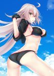  ahoge ass bikini black_bikini blush bracelet breasts cameltoe choker cleavage cloud day eyebrows_visible_through_hair fate/grand_order fate_(series) hair_between_eyes highres jacket jeanne_d'arc_(alter_swimsuit_berserker) jeanne_d'arc_(fate)_(all) jewelry large_breasts long_hair looking_at_viewer looking_back outdoors sideboob silver_hair sky solo standing suga_hideo swimsuit underboob yellow_eyes 