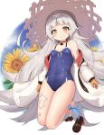  azur_lane bangs bare_shoulders barefoot blue_swimsuit blunt_bangs breasts casual_one-piece_swimsuit flower full_body gloves hat highres iron_cross jacket kneeling long_hair mentai_mayo mole mole_under_eye one-piece_swimsuit open_clothes open_jacket silver_hair small_breasts solo sun_hat sunflower swimsuit tattoo white_jacket yellow_eyes yellow_gloves z46_(azur_lane) 
