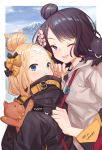  abigail_williams_(fate/grand_order) alternate_hairstyle bag bandaid_on_forehead bangs belt black_bow black_jacket blonde_hair blue_eyes blue_sky blush bow commentary_request day fate/grand_order fate_(series) forehead grey_sweater hair_bow hair_bun hair_ornament heroic_spirit_traveling_outfit high_collar highres holding holding_stuffed_animal jacket katsushika_hokusai_(fate/grand_order) long_hair looking_at_viewer mountain multiple_girls octopus one_eye_closed orange_bow parted_bangs polka_dot polka_dot_bow purple_eyes purple_hair short_hair shoulder_bag sky sleeves_past_fingers sleeves_past_wrists stuffed_animal stuffed_toy sweater teddy_bear tokitarou_(fate/grand_order) yume_ou 